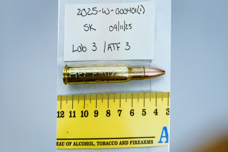 An image of a bullet casing engraved with the words “Hey Facist!” is displayed during a preliminary hearing for Tyler Robinson, who is accused in the fatal shooting of Charlie Kirk, at the Fourth District Courthouse in Provo, Utah, July 9, 2026.