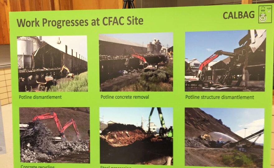 A Calbag Resources sign at an October 2015 meeting shows some of the work in progress at the Columbia Falls Aluminum Company.