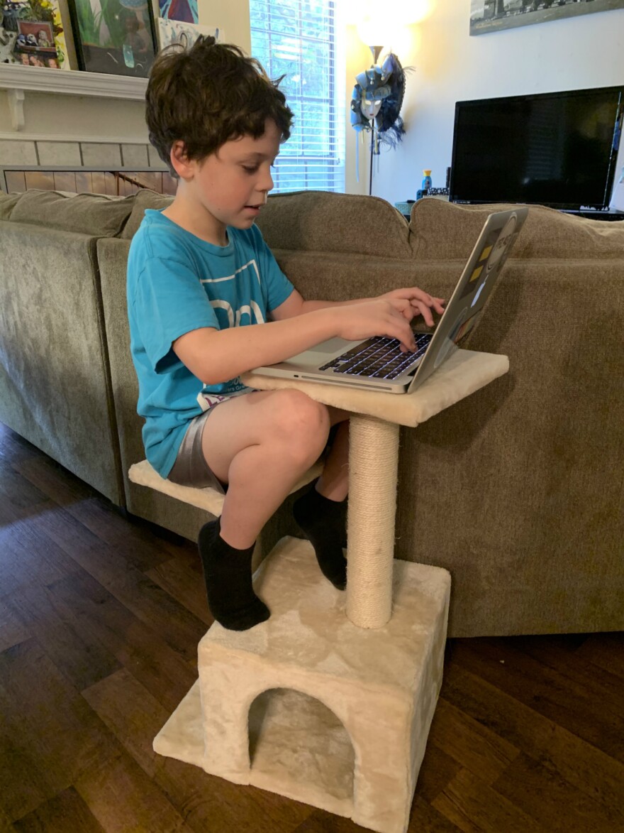 Rowan, 8, takes a break from his kid-sized desk to sit on a cat tower while his mom, Meagan Bingaman works from home.