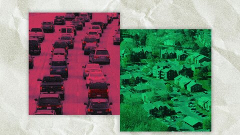 A graphic showing traffic on a highway bathed in red next to an aerial photo of houses and apartments in green. 