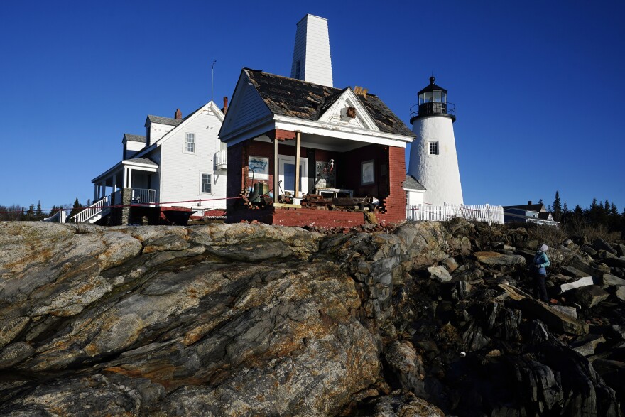 The iconic bell tower building at Pemaquid Point Light stands with makeshift modifications after being pummeled by damaging winds and waves from January's powerful storm.