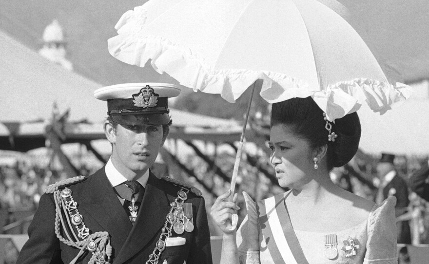 Imelda Marcos, the former first lady of the Philippines, is shown with Britain's Prince Charles at the 1975 coronation ceremony for Nepal's King Birendra. Marcos, now 84 and a member of Parliament, is from Tacloban.