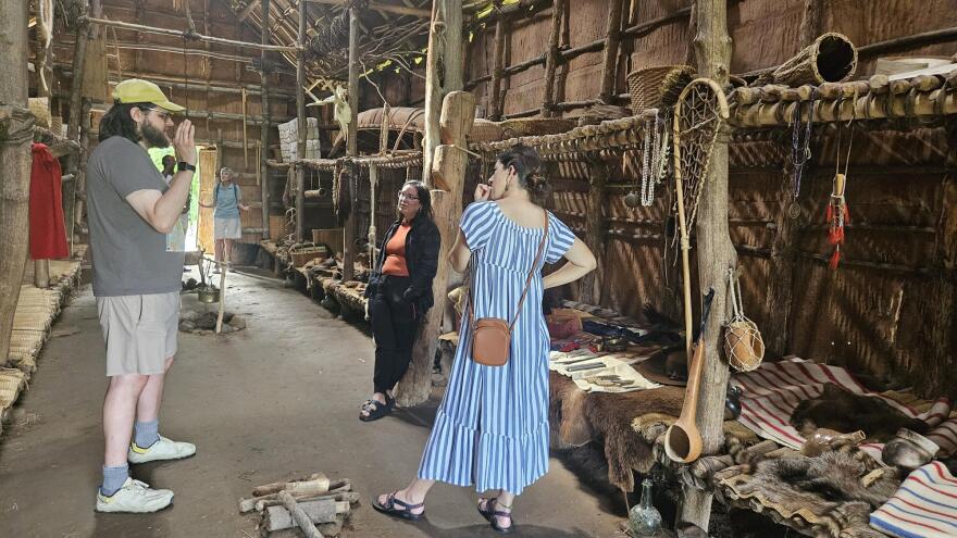 Visitors tour Ganondagan State Historic Site near Rochester, New York.