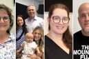 Four vertical images from left to right show the following people posing for the camera: First -- a woman in her 70s, with shoulder-length grey hair. She's wearing glasses and a floral button-up shirt. Second -- a family  of 50-something grandparents (a brunette woman and a grey short-haired man the pair each wear patterned shirts.) They are standing behind a 25-year-old blonde long-haired woman sitting on a chair. She's holding a 6-month-old bald infant. The baby is smiling and wearing a white shirt that's embroidered with the name 'Sonny'. Third -- a 30-year-old woman, with long brown hair, pulled back. She's wearing glasses, and has a silver stud piercing under her lip; Fourth -- a 55-year-old bald man with a grey goatee. He's wearing a black T-shirt with a red-and-white logo, and white lettering that reads 'The Mount Fuji.'