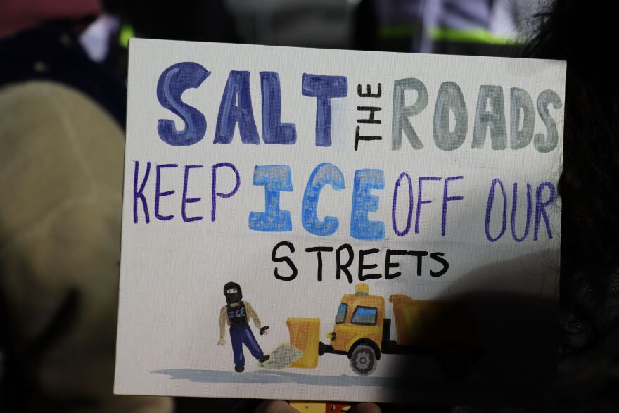 Sign at a protest in Merrimack against a proposed ICE immigrant detainee processing site. The proposal was part of a draft plan obtained by the Washington Post. Town and state officials said they hadn't received any information from the federal government about the proposal.