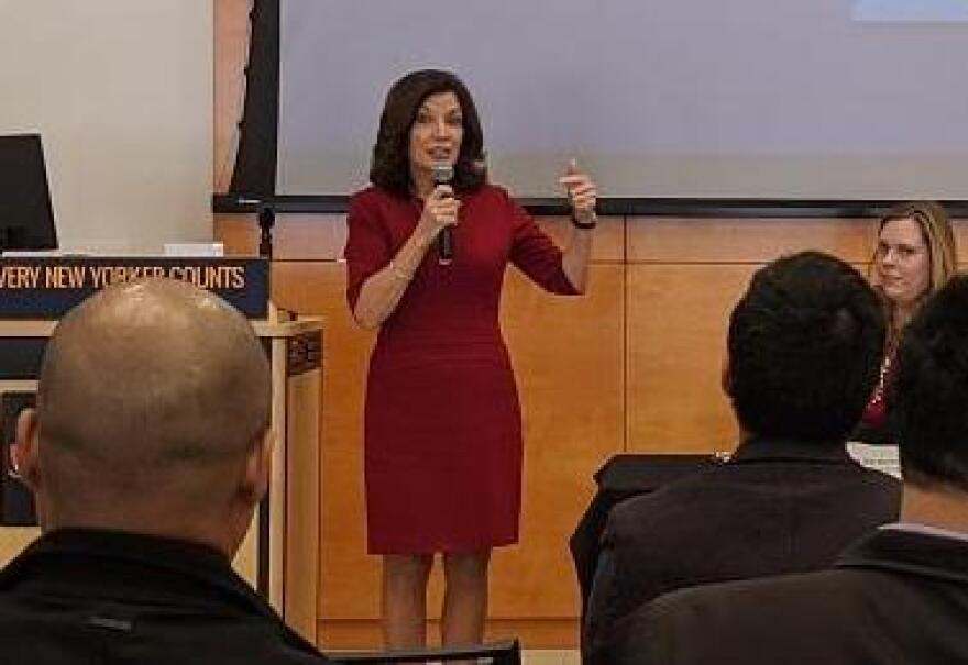Lieutenant Governor Kathy Hochul speaks to guests at a gathering at Buffalo State College, where information was shared about conducting the upcoming 2020 Census. CREDIT MICHAEL MROZIAK, WBFO