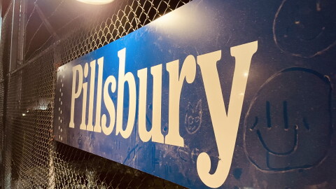 Pillsbury sign hangs outside the entrance to the former Pillsbury plant.
