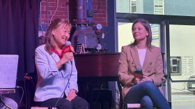 Republican Lily Tang Williams (left) and Democratic Congresswoman Maggie Goodlander speak at a forum hosted by NHPR and the Granite State News Collaborative in Keene, Oct. 15, 2026.