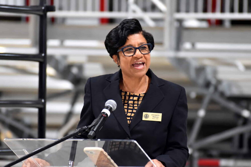 Christal Watson, mayor of Kansas City, Kansas, speaks during a barn warming event at the new $375 million, 390,000-square foot American Royal campus, near the Legends in Kansas City, Kansas.