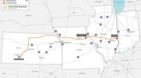 The route of the Grain Belt Express that will take power generated from wind turbines in Kansas through Missouri and Illinois to connect with other transmission lines.