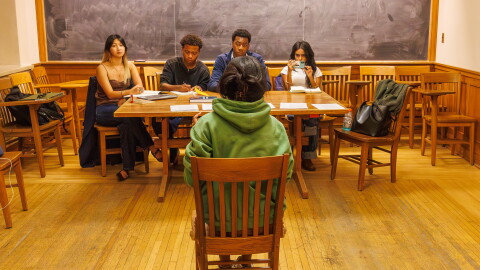 Talia Hsia, Slater Vance, Chin Onwu, and Fabeha Jahra (l-r) review the audition Demi Singleton for Six Degrees of Separation,” October 05, 2026 at the Heritage Production Company at Linsly-Chittenden Hall in New Haven Connecticut.