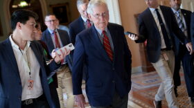 Senate Minority Leader Mitch McConnell (R-KY) answers questions from reporters as he arrives at the U.S. Capitol.