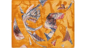 September Twenty-third, 1980, Lee Krasner, ink, crayon and collage on lithographic paper, Richard P. Friedman and Cindy Lou Wakefield Collection (abstract art, mostly golden yellow, some red and blue crayon lines))