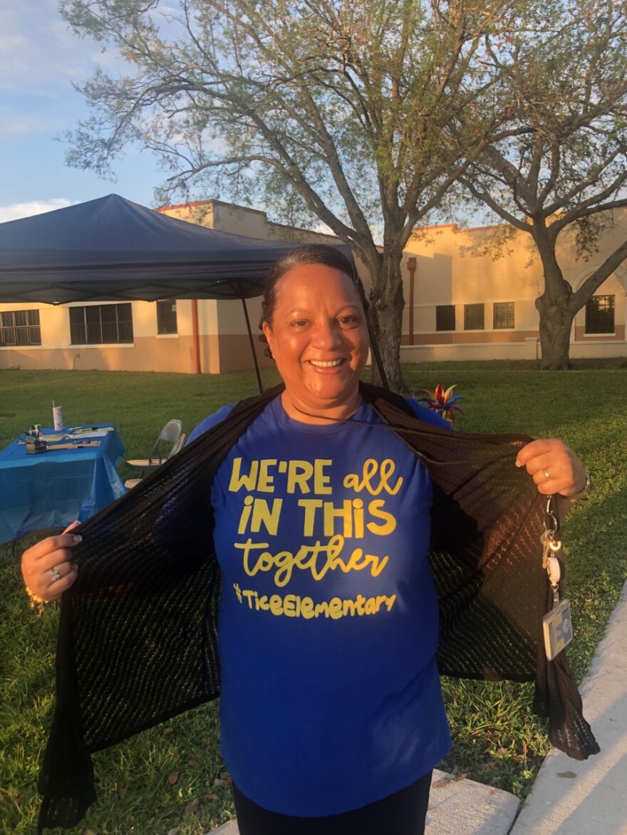 Tice Elementary staffer Loraine Bernardini on the first day of Lee County school after Ian