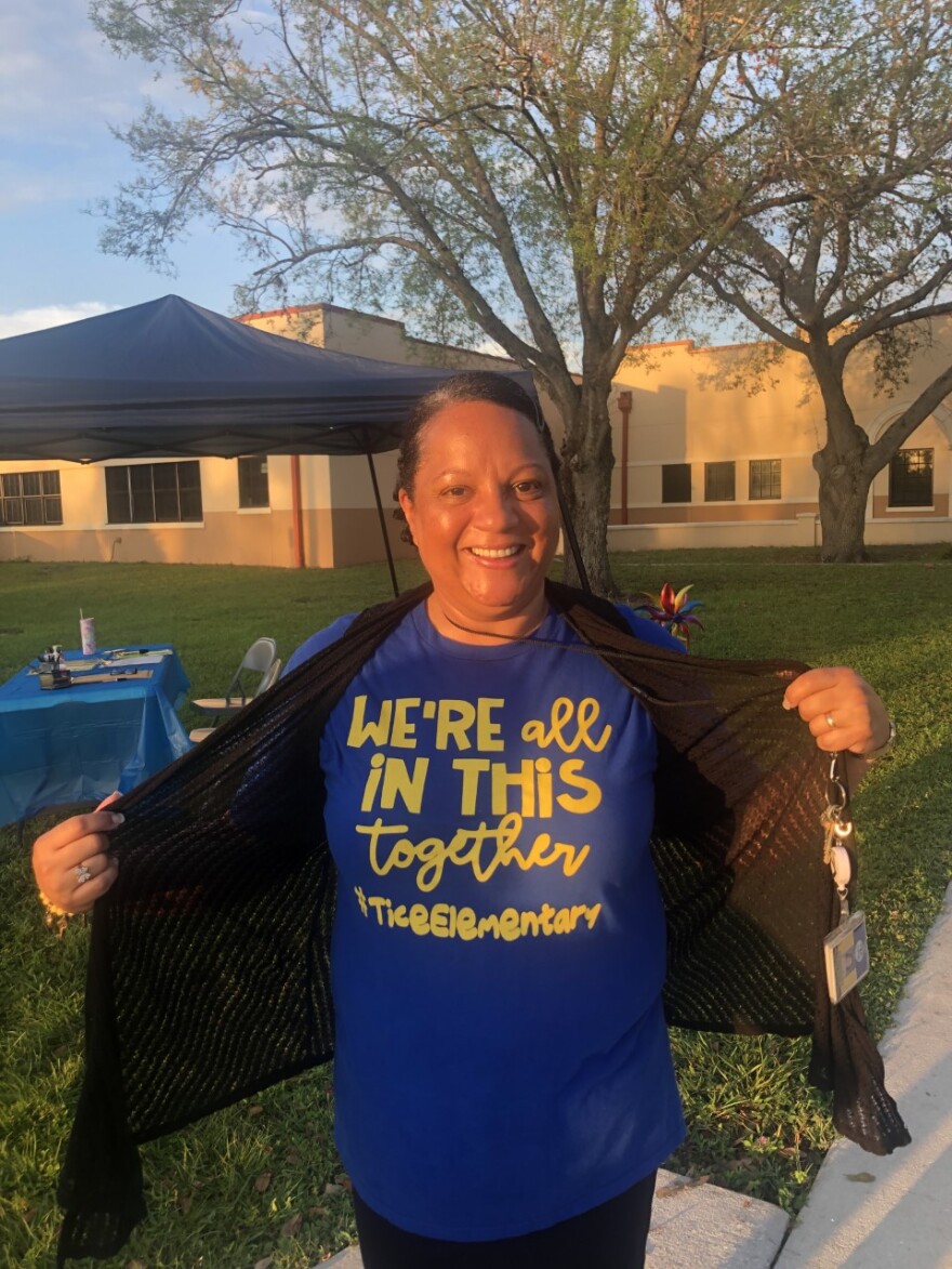 Tice Elementary staffer Loraine Bernardini on the first day of Lee County school after Ian