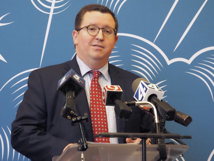 Oklahoma City Public Schools general counsel Tony Childers speaks at a back-to-school news conference Aug. 11 at John Marshall Enterprise High School in Oklahoma City.