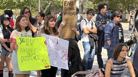 Protesters gathered outside SUB Mall on Wednesday in the wake of a lawsuit against Cornell University by a woman who said she was gang raped.