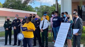 Hillsborough County NAACP President Yvette Lewis speaks at a press conference, joined by county law enforcement leaders and the Florida ACLU.