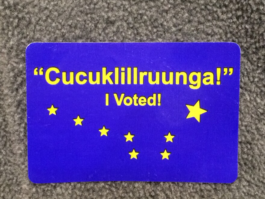 Yup’ik and English "I Voted” stickers from Bethel’s municipal election.