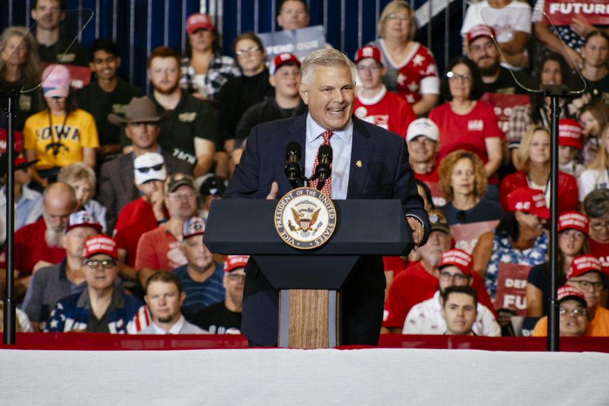 Republican Chris McGowan, who is running in the 4th Congressional District, addresses voters at a GOP rally headlined by Vice President JD Vance on Sept. 18, 2026.