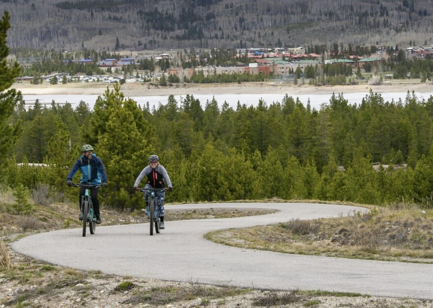 Bikers ride up a hill at the Frisco Adventure Park after a morning of biking trails on the Frisco Peninsula in Summit County on May 18, 2023. Outdoor recreation in Colorado's Western Slope region generated $17.8 billion in 2023, according to a new state report.