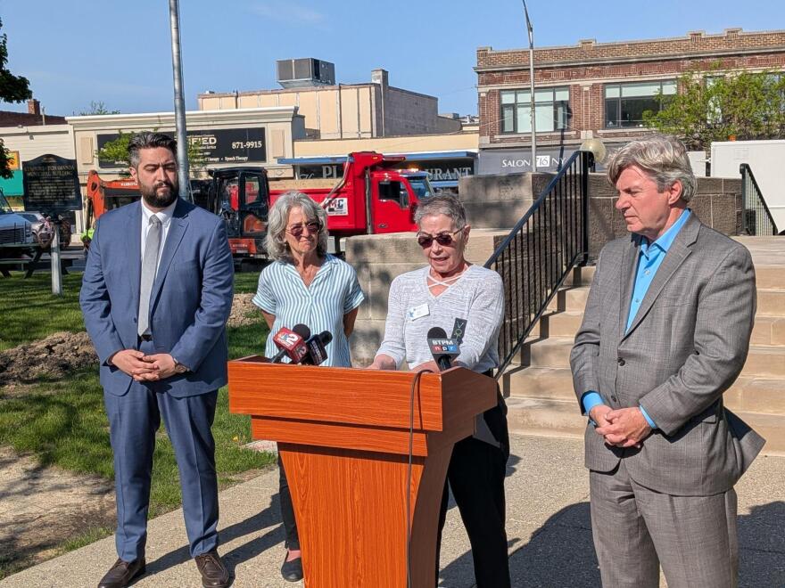 The League of Women Voters Buffalo-Niagara's Lori Robinson (at lectern)