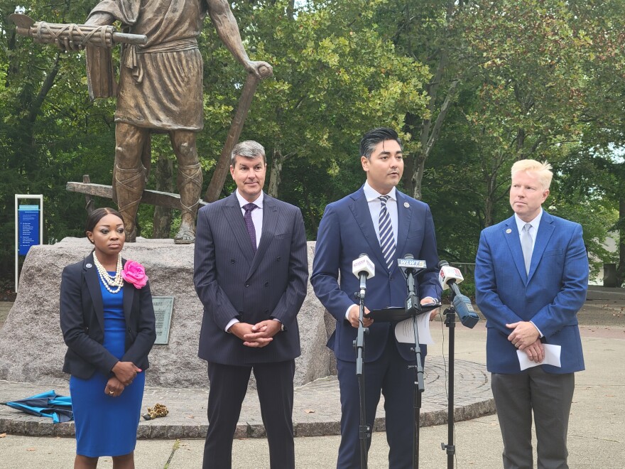 Mayor Aftab Pureval announces proposed changes to the Cincinnati Charter in front of the Cincinnatus statue.