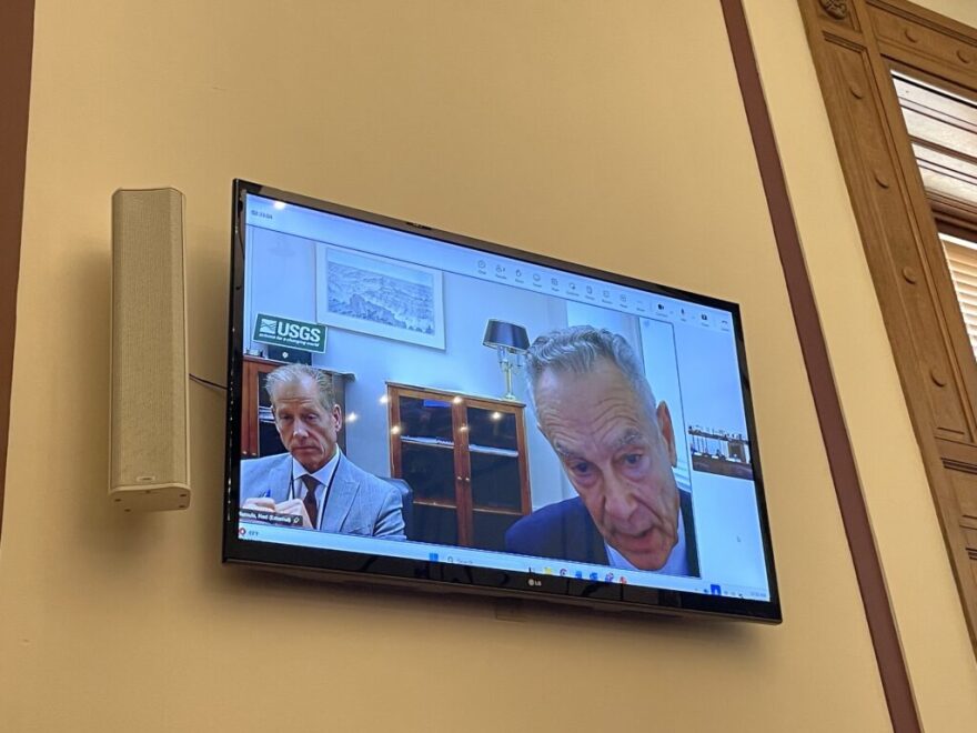 From left: Lanny Erdos, director of the U.S. Office of Surface Mining Reclamation and Enforcement, and Ned Mamula, director of the U.S. Geological Survey, call into a meeting of the Indiana Rare Earth Recovery Council on Nov. 13, 2025.