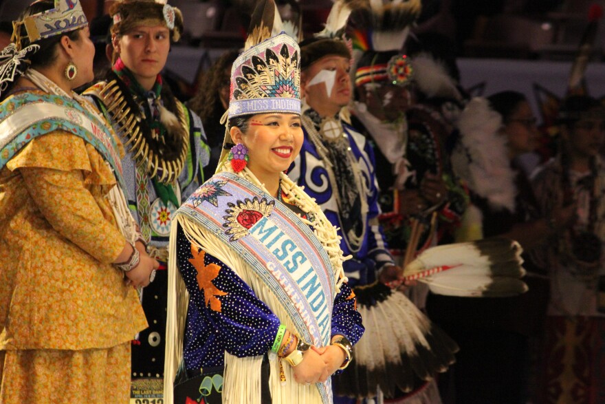 Miss Indian World Dania Wahwasuck is introduced to the crowd during the last Gathering of Nations powwow in Albuquerque, New Mexico, on Friday, April 24, 2026.