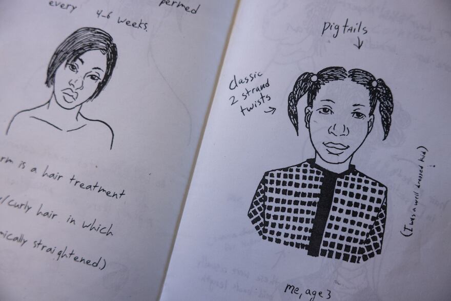 Pages from zines in Ofelia's collection are laid out on her livingroom table Nov. 3, 2025 in Oak Cliff, Dallas.