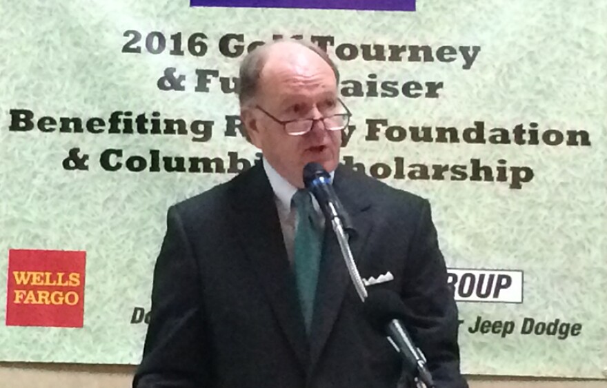 Sonoco Products Executive Chairman Harris DeLoach reports on the success of the TEACH program in Hartsville schools to a meeting of the Columbia Rotary Club.