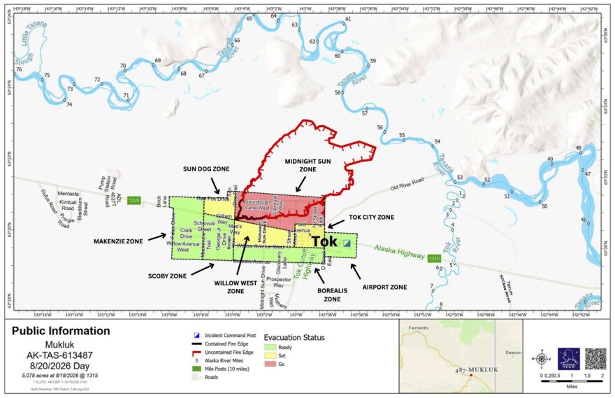 A map of the perimeter of the Mukluk Fire and evacuation zones in Tok on Aug. 20, 2026.