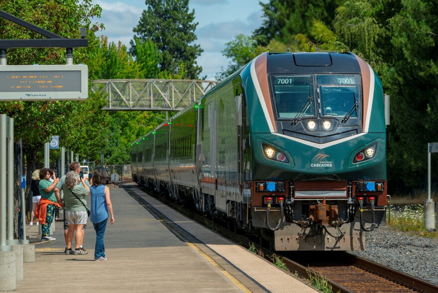 FILE - In this provided photo, a new Airo train enters the Salem station during testing in July 2026. The Amtrak Cascades route serves 18 stations between Vancouver, Canada and Eugene, Ore.