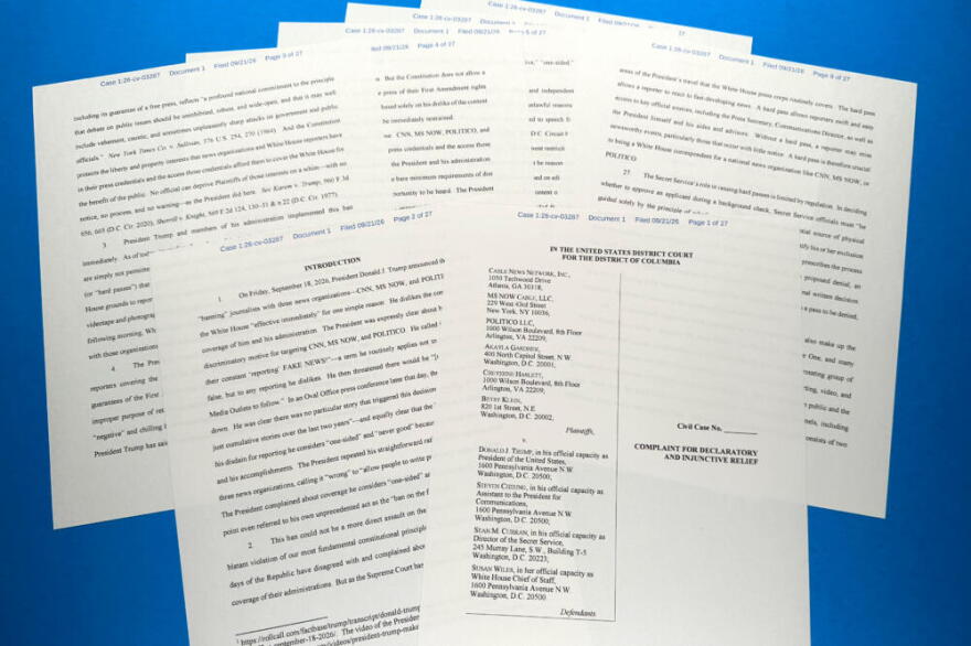 The lawsuit filed by CNN, MS NOW and Politico against the administration of U.S. President Donald Trump is photographed Monday, Sept. 21, 2026. (Jon Elswick/AP)