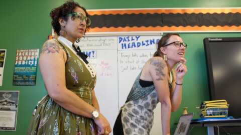 Simone Cifuentes (left) and Alicia Cooke, teachers at New Harmony High School, lead a discussion with students about the school's composting program on April 1, 2026.