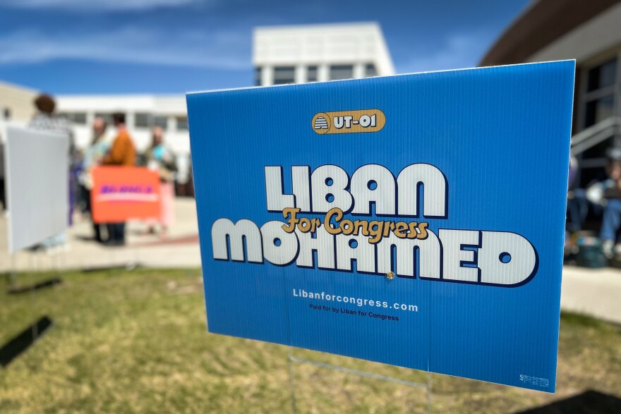 A Liban Mohamed campaign lawn sign outside of the Utah Democratic Convention at Jordan High School in Sandy, April 25, 2026.