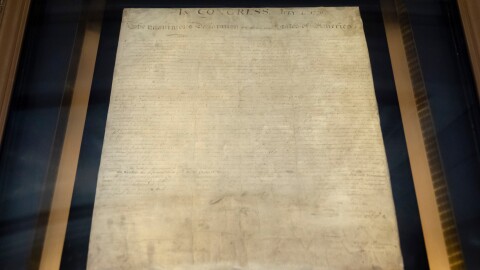 FILE - The Declaration of Independence is displayed at the National Archives on Sept. 16, 2025, in Washington, as the Archives unveiled a display for the first time of the entire Constitution and all 27 amendments as part of celebrations for the upcoming 250th anniversary of founding of the United States. (AP Photo/Mark Schiefelbein, File)