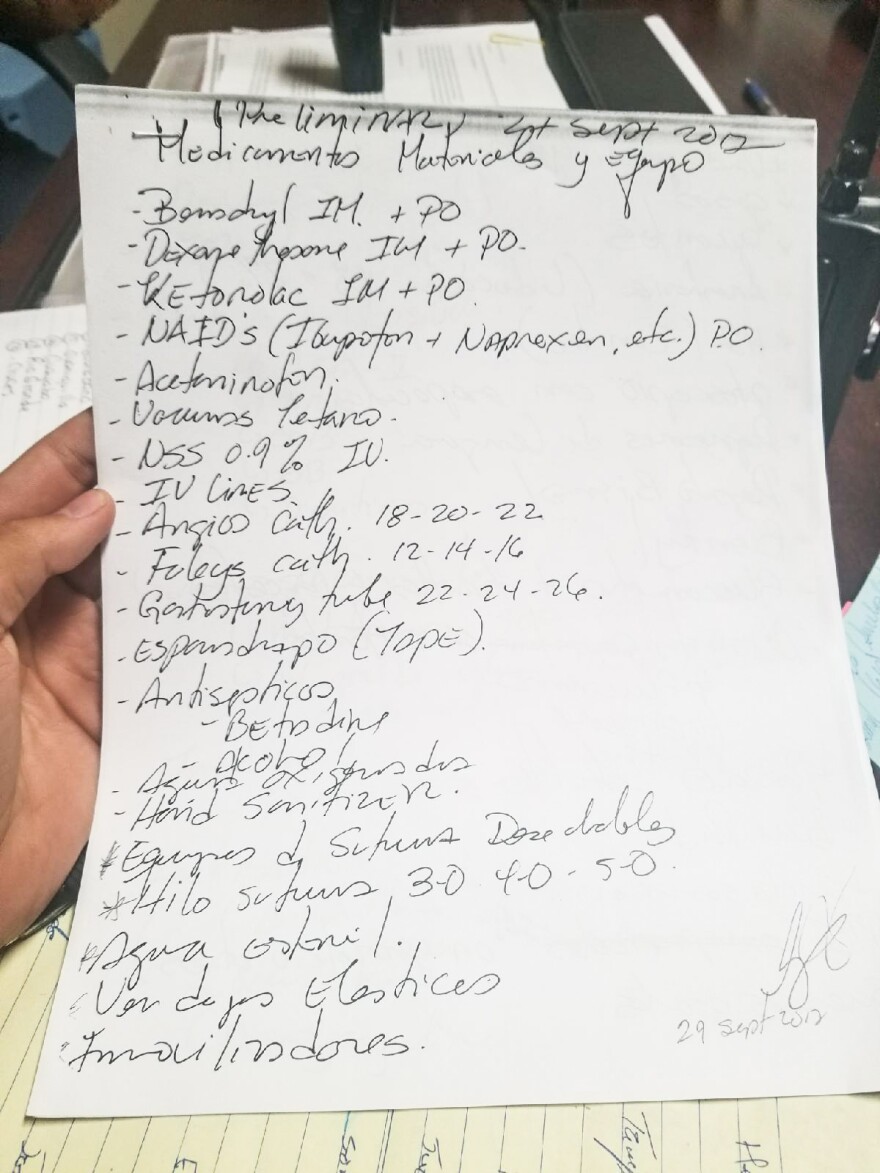 Page 1 of a 6-page long list of medical supplies that were requested by Wilbert Ruíz, the assistant mayor of Aguada.