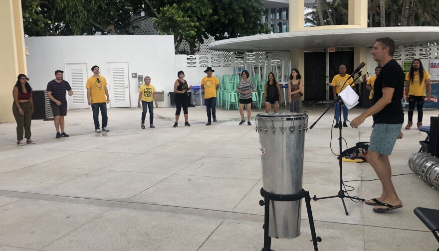 Brian Potts says no previous musical knowledge is needed to play with Miamibloco. He starts every workshop by teaching players to sing samba rhythms before they pick up any drums.