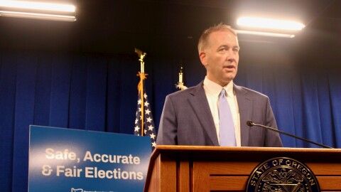 Oregon Secretary of State Tobias Read speaks to reporters in the state capitol in Salem on Tuesday, Aug. 25, 2026.
