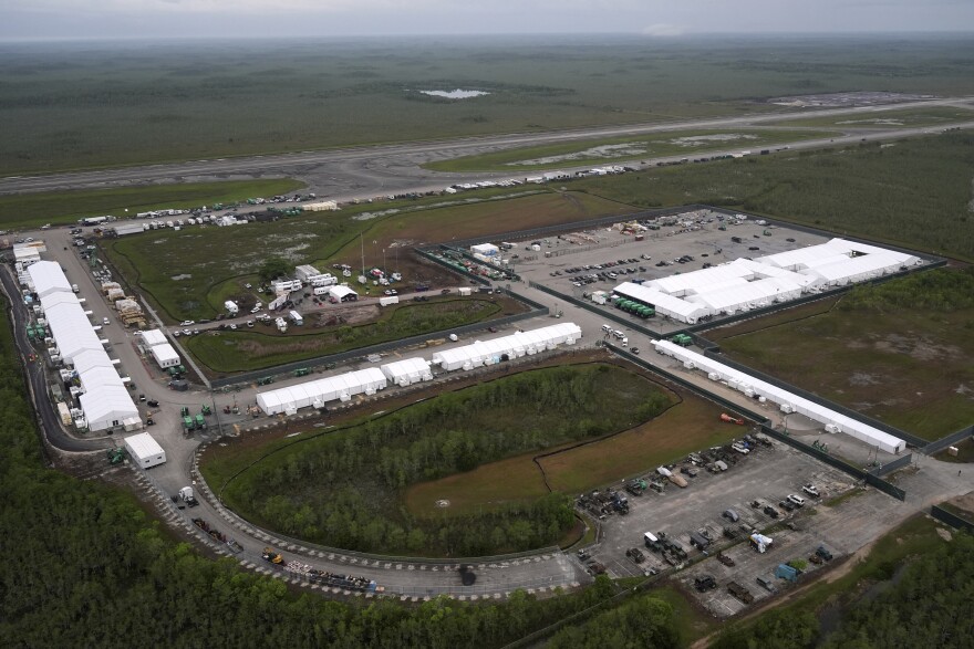 An aerial view of the new migrant detention facility dubbed "Alligator Alcatraz" in Ochopee, in the Everglades of southwest Florida, on July 4, 2025.