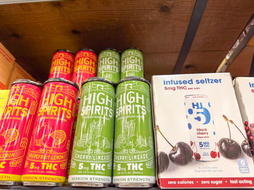 Hemp-derived THC seltzers seen on a shelf at Bottles Fine Wine on Providence’s East Side.