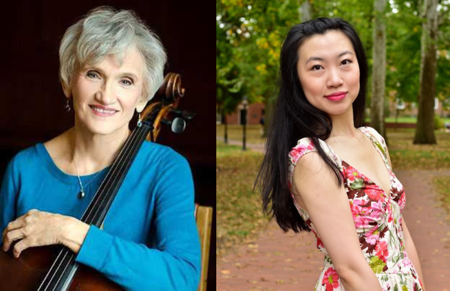 On the left: A woman in a blue shirt sitting with a cello. On the right, a woman in a floral dress stands on a path looking at the camera. 