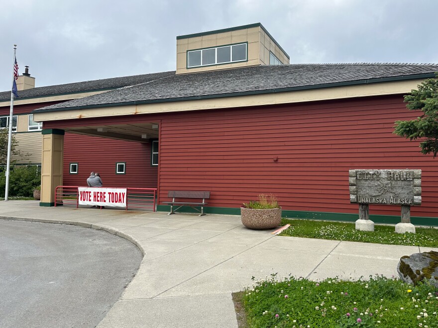 A "Vote Here Today" sign outside Unalaska City Hall, the island's only polling location, on Aug. 18, 2026.