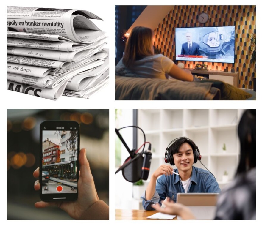 Images of: stack of newspapers; woman on couch watching TV; hand holding cell phone; young person with headphones on and mic setup