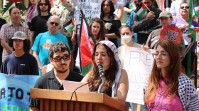 San Antonio Coalition for Palestine leader Sara Masoud speaking in front of City Hall on Saturday.