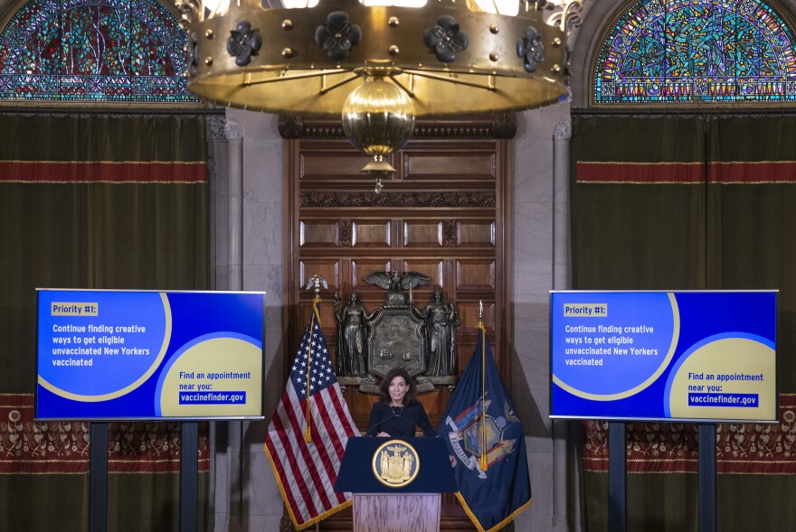 Governor Kathy Hochul holds a COVID-19 briefing in the Red Room at the State Capitol.