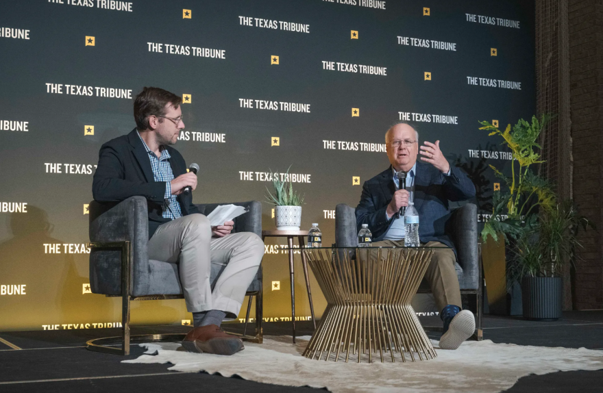 From left, Patrick Svitek speaks with political consultant and former White House Deputy Chief of Staff Karl Rove during a one-on-one conversation at The Texas Tribune Festival 2026 on Saturday, Sept. 26, 2026.