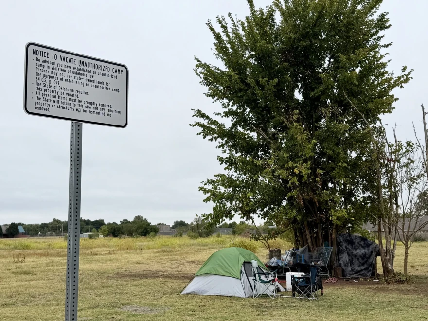 People were camping on a state-owned patch of land next to Food and Shelter in Norman on Oct. 3, 2026.