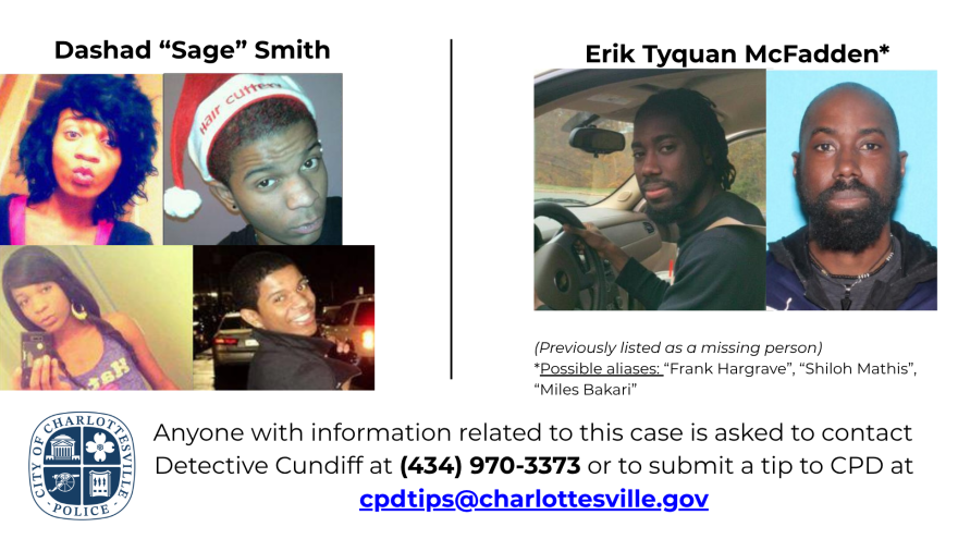 An informational slide from the press conference includes photos of Sage Smith, who went missing in 2012; and Erik McFadden, the person of interest in her case, as well as possible aliases he may use.
